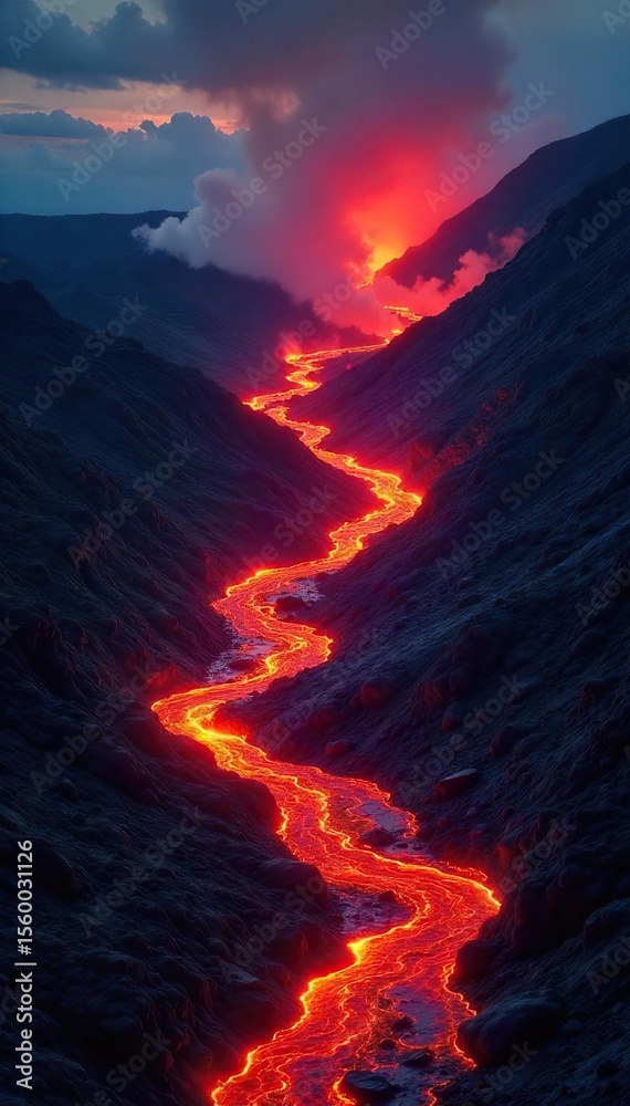 Fototapeta premium Fiery Lava River Descends Volcanic Slope in Hawaiis Night Sky Dramatic Travel Scenery of Intense Heat and Glowing Embers