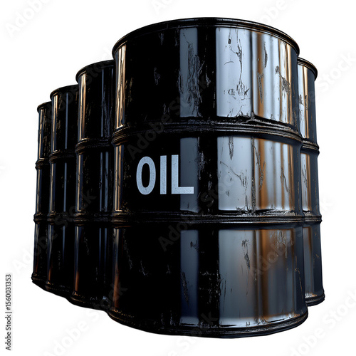 Black barrels with oil inscription , isolated on transparent background, png