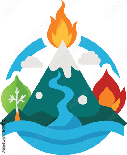 Volcanic Mountain with Fire and Water Elements