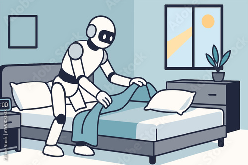 Flat Vector Illustration of Domestic AI Robot Making the Bed in a Minimalist Smart Bedroom