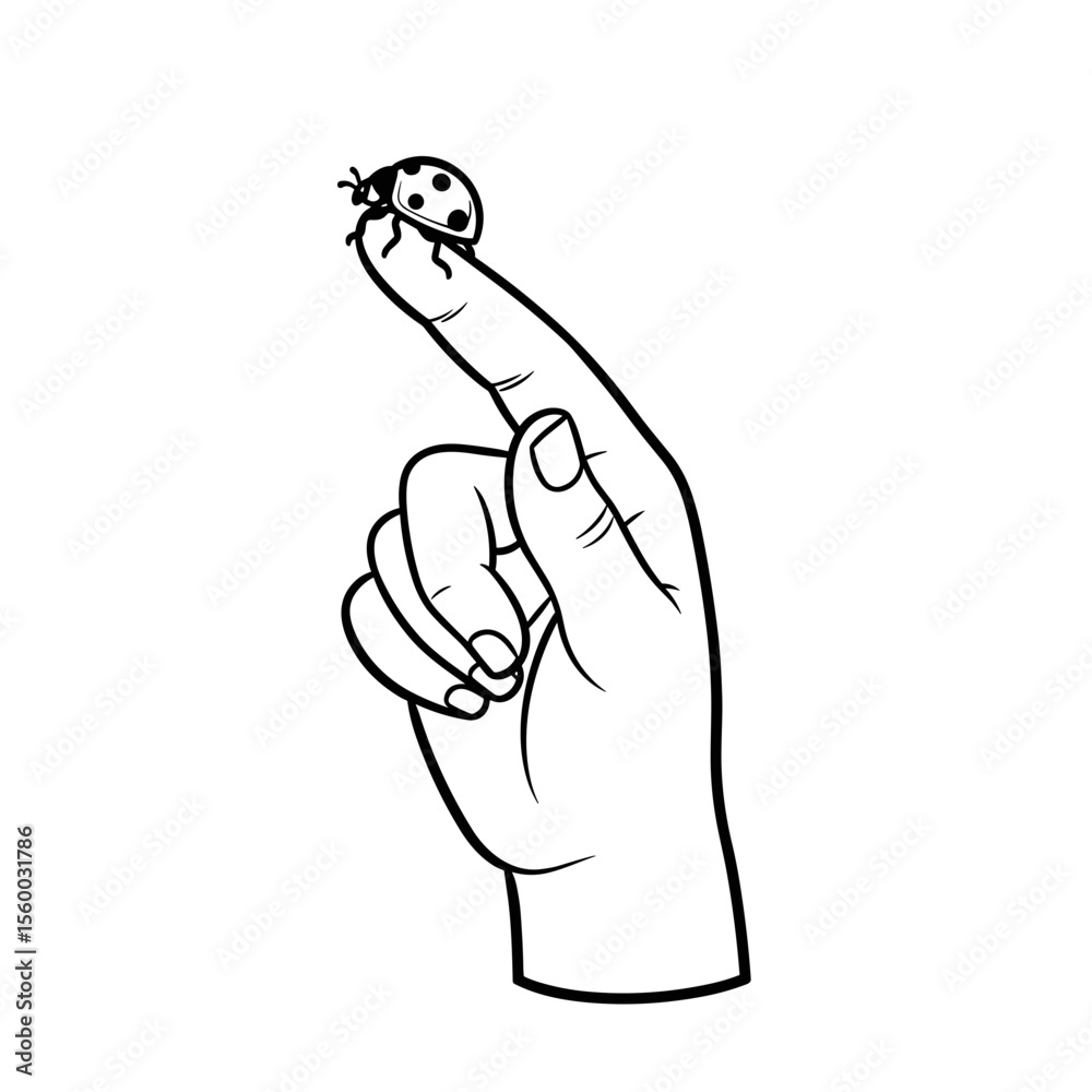 Child's hand balancing a ladybug on a fingertip in black and white line art style