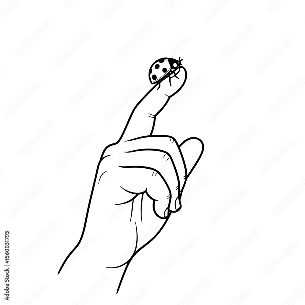Hand balancing a ladybug on a fingertip in black and white line art style
