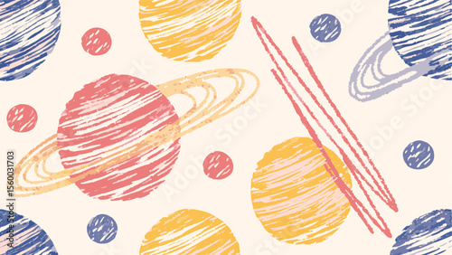 Abstract space themed background with planets rings and lines in pastel colors and sketch style