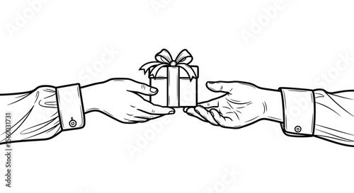 Children's hands exchanging a gift in black and white line art style