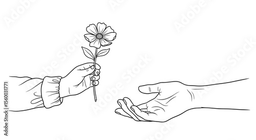 Child's hand offering a flower to an adult's hand in black and white line art style
