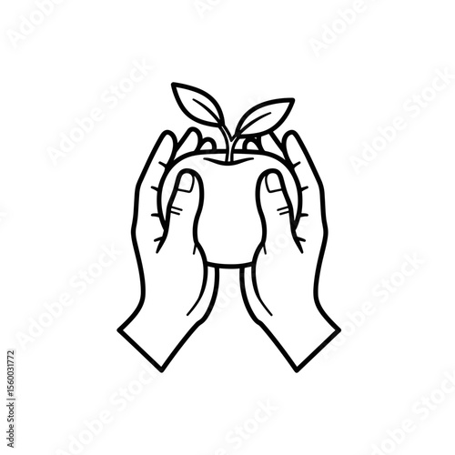Child's hands holding an apple with leaves sprouting in black and white line art style 