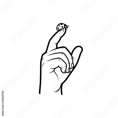 Child's hand with a ladybug perched on the fingertip in black and white line art style