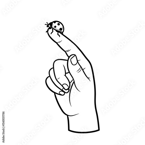 Child's hand balancing a ladybug on a fingertip in black and white line art style