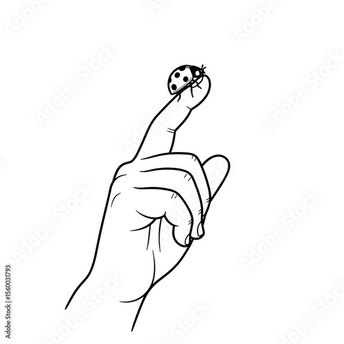 Hand balancing a ladybug on a fingertip in black and white line art style