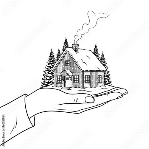 Hand holding a snow-covered house with smoke from the chimney surrounded by winter trees in black and white line art style