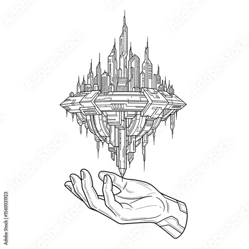 Hand reaching for a suspended futuristic city in black and white line art style