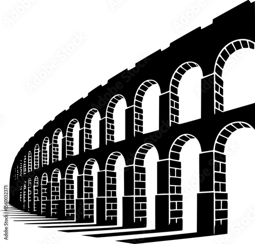 Simplified Roman Aqueduct Silhouette Vector, Bold Black Outline Architecture Design, Classic Ancient Landmark Illustration, Monochrome Minimalist Graphic, Transparent Background