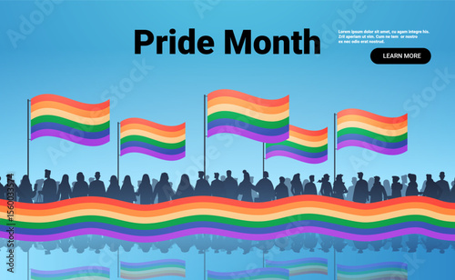 Pride parade crowd rainbow flags celebration silhouette people blue sky reflection banner website template