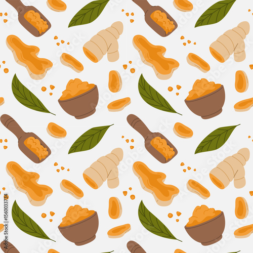 Seamless Pattern of Turmeric Roots and Powder
