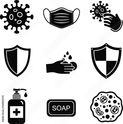 Flat vector collection of virus and protection icons — black silhouettes of virus, face mask, shield, sanitizer, soap, and microscopic cell. Medical safety theme, isolated on white, minima