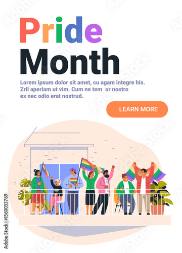 Pride month celebration diverse people waving rainbow flags balcony LGBTQ community event colorful modern flat design website banner