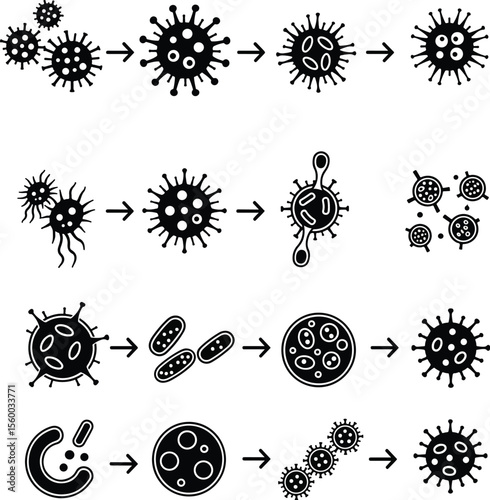 Vector icon set of viruses mutating and spreading — black silhouette design showing multiple growth stages of microbes, spores, and germs in sequence