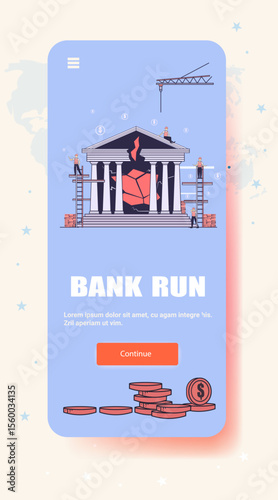 Bank run financial crisis broken bank building construction workers scaffolding coins crane damaged structure economic recession landing page