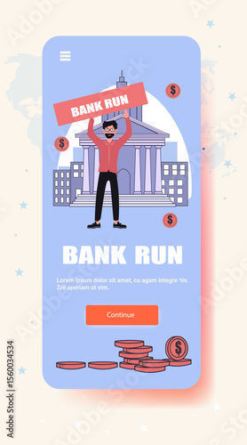 Bank run financial crisis panic withdrawal concept man holding sign in front of bank coins dollar symbols mobile app screen