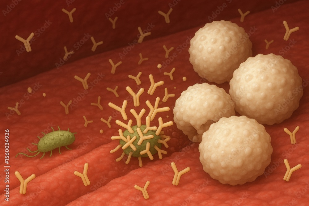 Immune Response: An intricate microscopic illustration of the human body's defense system in action, showcasing immune cells battling pathogens. Immune Response: An intricate microscopic illustration of the human body's defense system in action, showcasing immune cells battling pathogens.