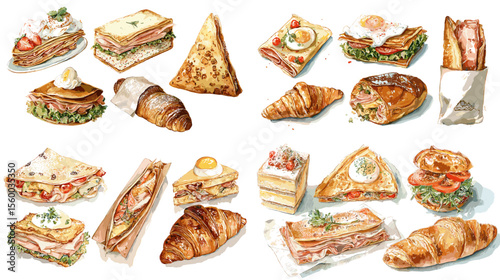 Hand-drawn collection of breakfast sandwiches, croissants, toast, and savory pastries. Perfect for breakfast menus, bakery branding, or food-related illustrations.

