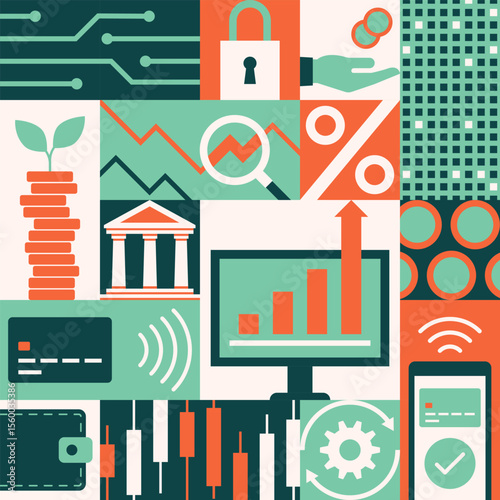Finance, business and technology geometric seamless background with icons
