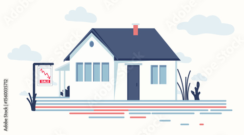 House for sale economic crisis falling prices real estate downturn sign blue home exterior clouds minimal flat design