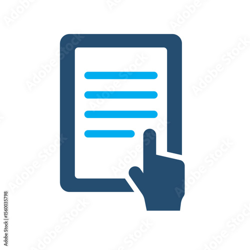 Vector icon of a hand touching or tapping a digital document on a tablet. Suitable for user interface design, mobile apps, and digital library systems.