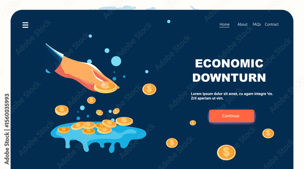 Naklejka premium Hand dropping coins into puddle financial crisis money loss dark blue background website banner template