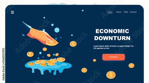 Hand dropping coins into puddle financial crisis money loss dark blue background website banner template