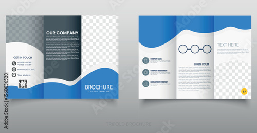 Modern Blue Trifold Brochure Template for Digital Marketing. Professional trifold brochure layout with modern blue design, wave elements, and placeholders for image and text.