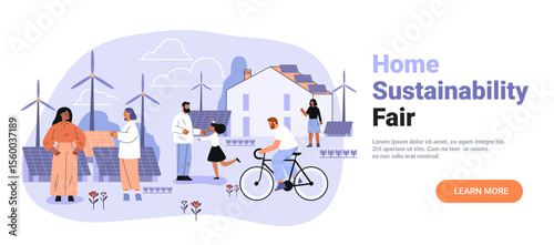 Home sustainability fair renewable energy eco community people wind turbines solar panels house outdoor activities modern banner landing page