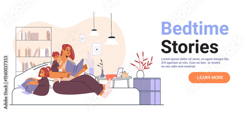 Family reading bedtime stories cozy home evening living room with bookshelves sofa children parent warm lighting plants modern decor website banner