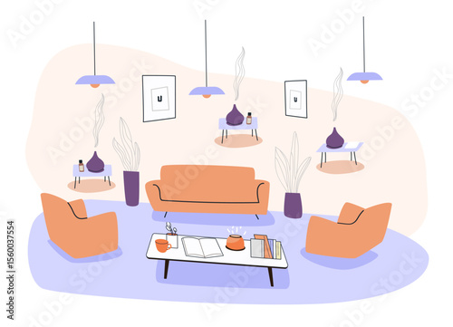 Living room interior modern cozy home decor aromatherapy diffusers plants orange furniture pastel colors minimalist style website banner