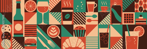 Food and drink cafe geometric background with icons