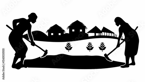Silhouette illustration of two farmers working in a field with houses and crops in the background landscape