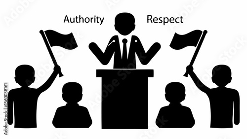 Illustration showing a speaker at a podium with flags and people conveying authority and respect silhouette