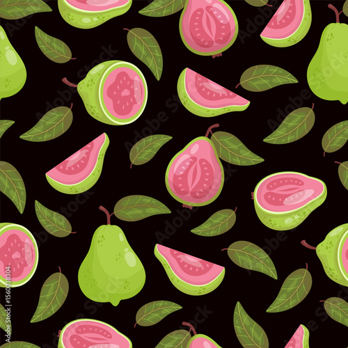 Seamless Pattern Guava Fruit Tree on Black Background with leaves. Vector illustration