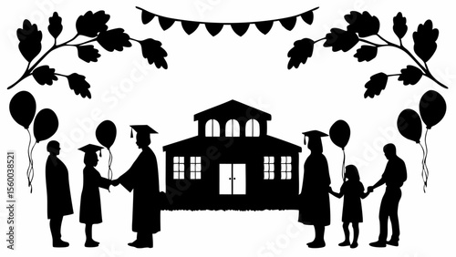 Silhouette of graduation ceremony with graduates, family, school building, balloons, and celebratory banner
