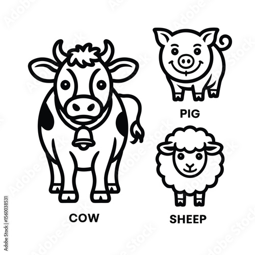 A modern flat design icon set of cow, pig, and sheep