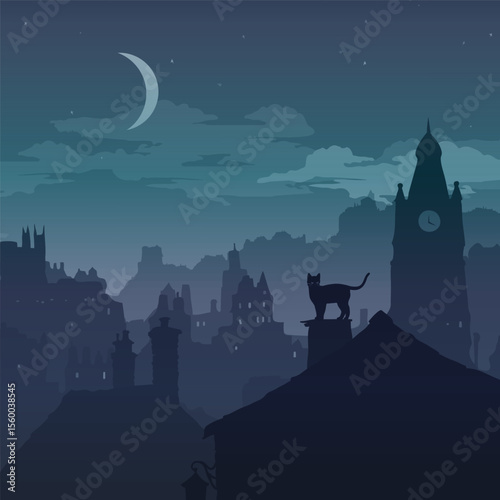 Cat on the roof, moonlit night, vector illustration	