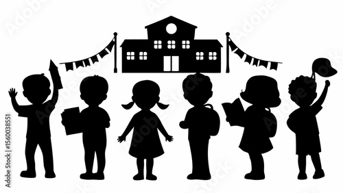 Silhouette of children in front of a school building with flags and books in a monochrome style art