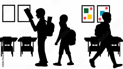 Silhouette illustration of students with backpacks in a classroom with desks and wall decorations