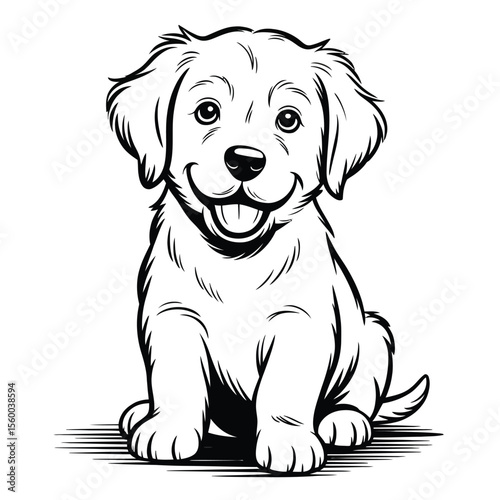 A playful black and white vector line art of a golden retriever puppy