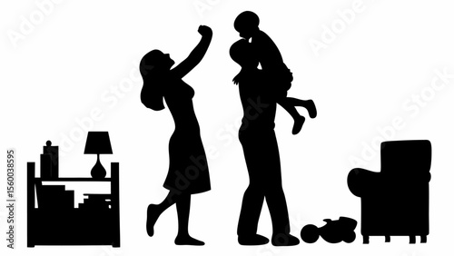 Silhouette of a family with a mother raising her arm, a father holding a child, and furniture present