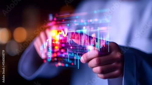 Analyst reviewing data charts on holographic phone at night