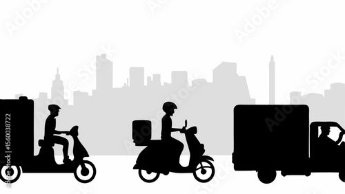 Delivery service with scooters and truck in front of city skyline silhouette at daytime is shown here