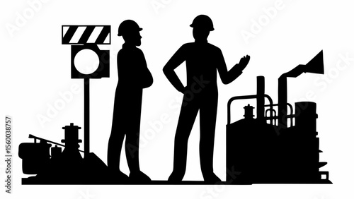 Silhouetted construction workers near a sign and industrial equipment in a monochrome illustration