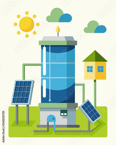 A solarpowered filtration plant that can be set up in urban areas providing a renewable and sustainable source of clean drinking water for local communities.. Vector illustration