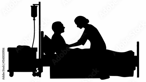 Silhouette of nurse attending to patient in hospital bed with iv drip stand providing medical care and support